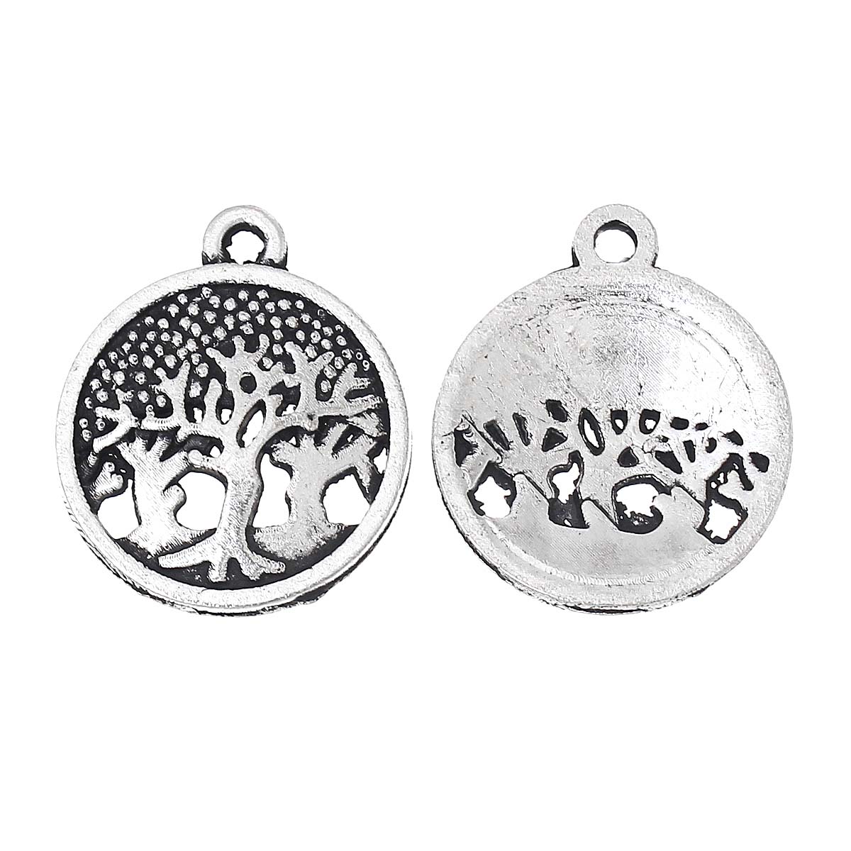 Picture of Zinc Metal Alloy Charm Pendants Round Antique Silver Color Tree Carved Hollow 19mm( 6/8") x 16mm( 5/8"), 30 PCs