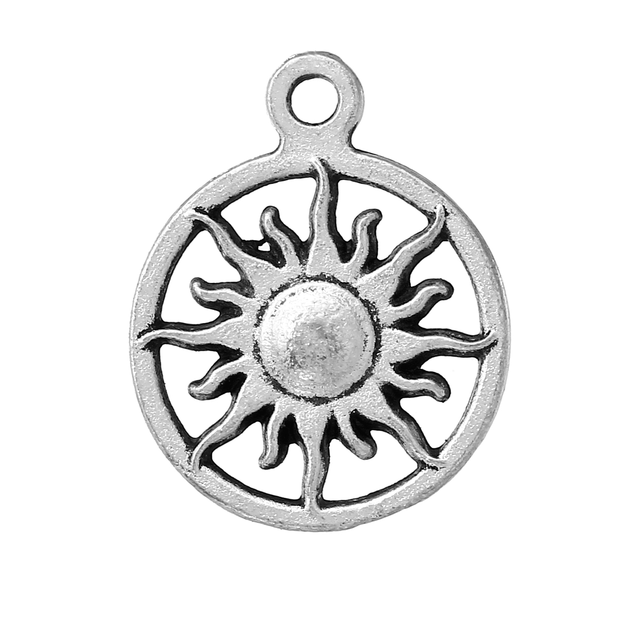 Picture of Zinc Metal Alloy Charm Pendants Round Antique Silver Color Sun Carved Hollow 20mm( 6/8") x 16mm( 5/8"), 20 PCs