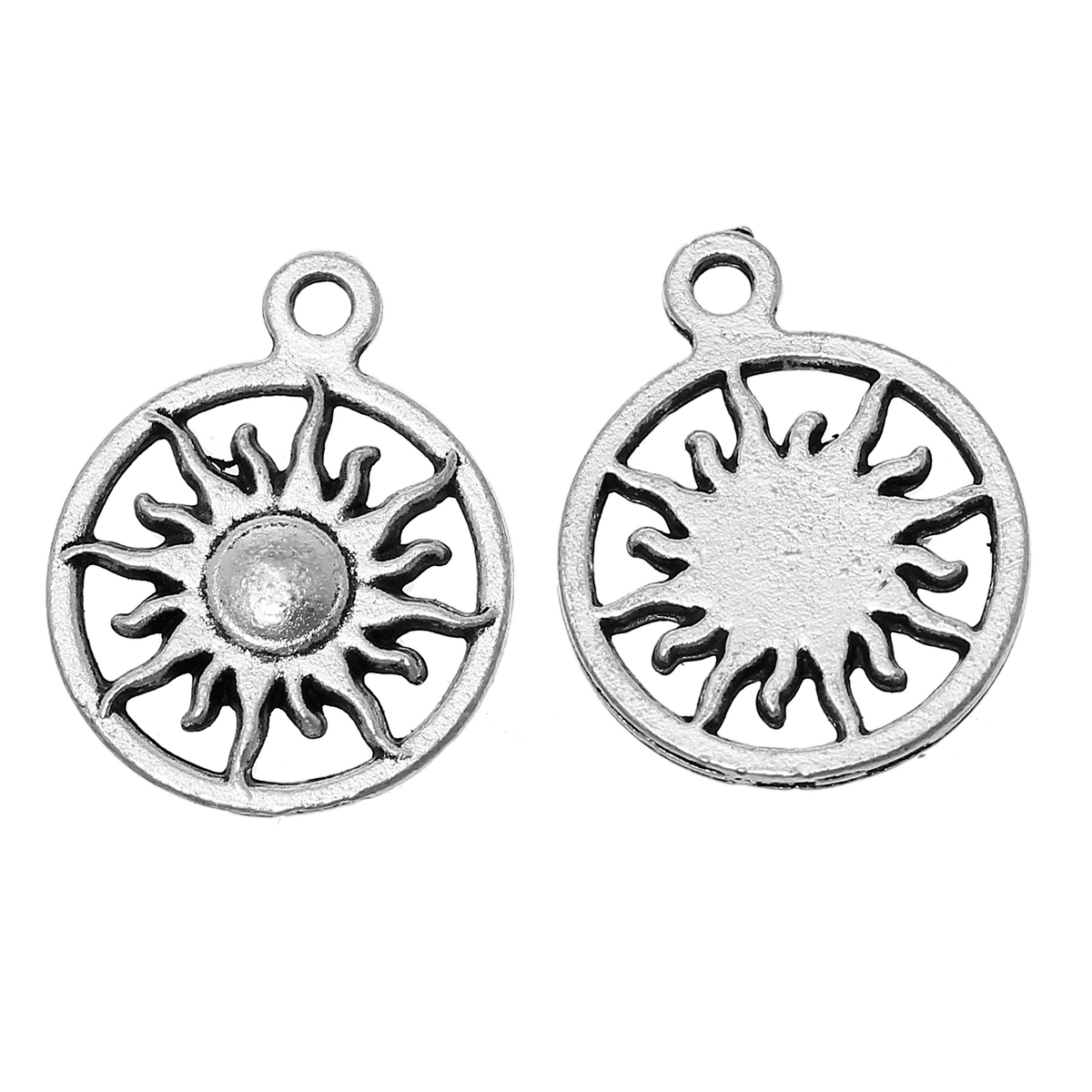 Picture of Zinc Metal Alloy Charm Pendants Round Antique Silver Color Sun Carved Hollow 20mm( 6/8") x 16mm( 5/8"), 20 PCs
