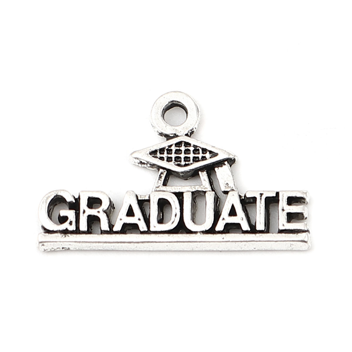 Picture of Zinc Based Alloy College Jewelry Charms Antique Silver Color Trencher Cap Message " Graduate " 22mm x 13mm, 20 PCs