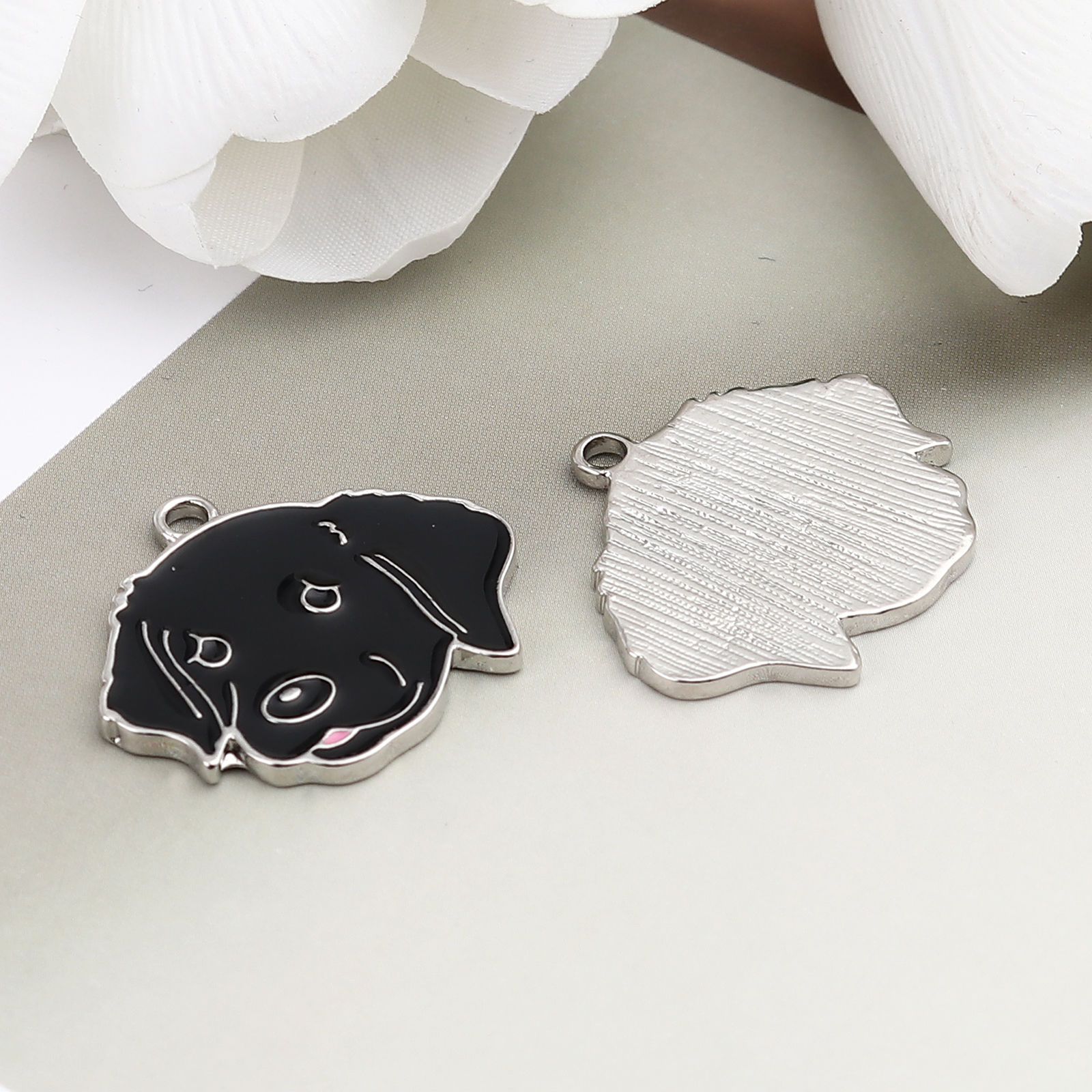Picture of Zinc Based Alloy Charms Labrador Retriever Dog Silver Tone Black Enamel 28mm x 25mm, 5 PCs