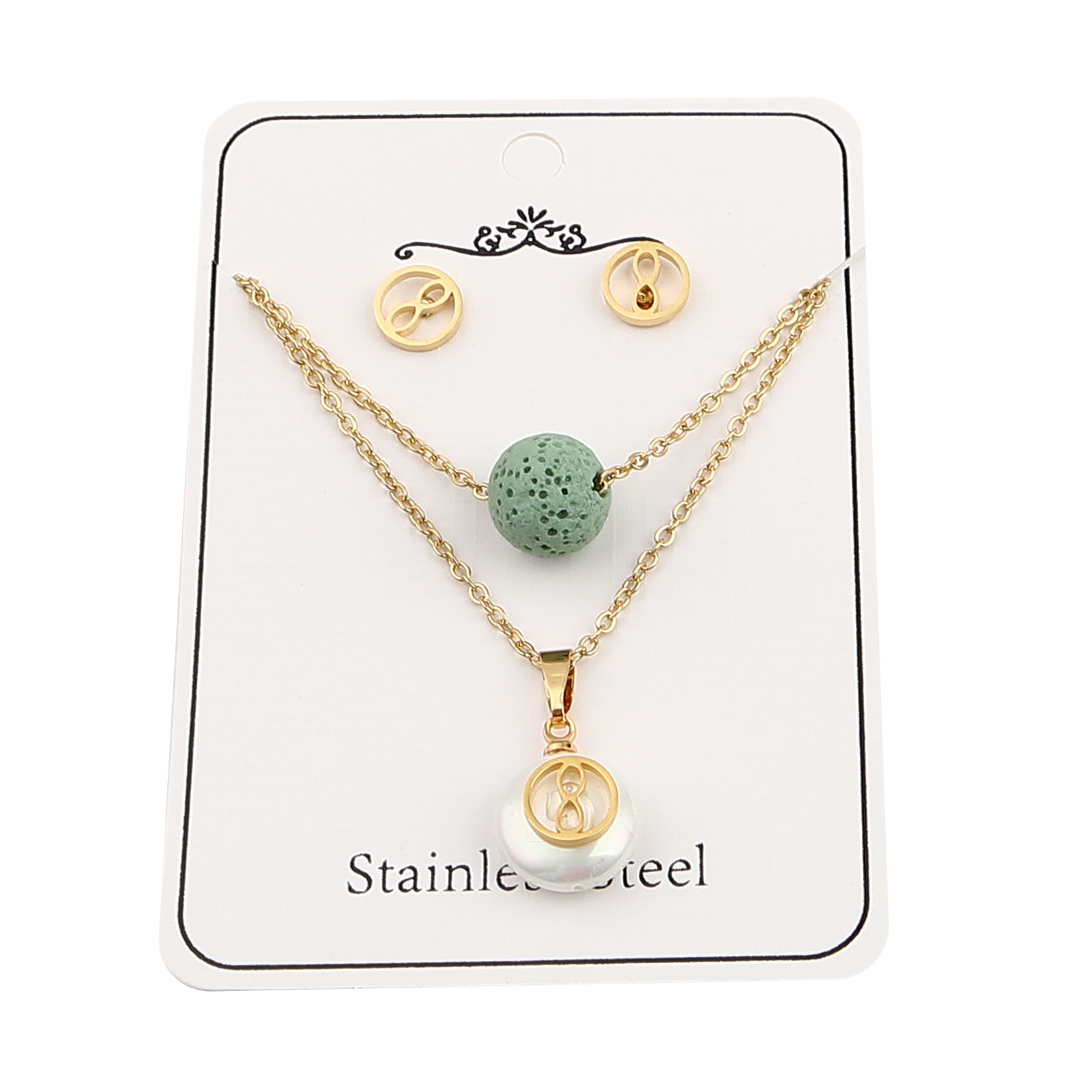 Picture of Stainless Steel & Lava Rock Jewelry Necklace Stud Earring Set Gold Plated Green Round Infinity Symbol Imitation Pearl 40cm(15 6/8") long, 8mm Dia., Post/ Wire Size: (21 gauge), 1 Set