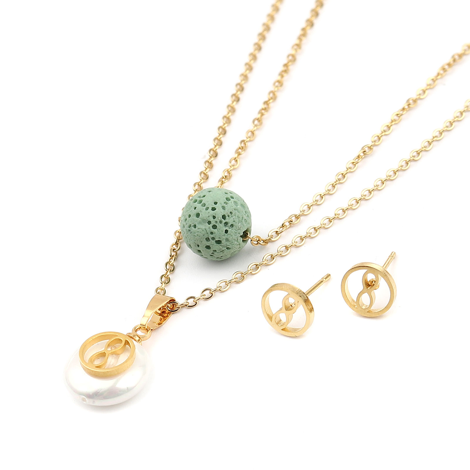 Picture of Stainless Steel & Lava Rock Jewelry Necklace Stud Earring Set Gold Plated Green Round Infinity Symbol Imitation Pearl 40cm(15 6/8") long, 8mm Dia., Post/ Wire Size: (21 gauge), 1 Set