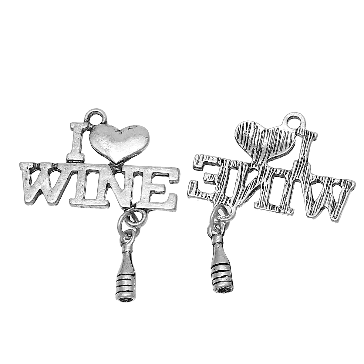 Picture of Zinc Metal Alloy Pendants Bottle Antique Silver Color (Can Hold ss6 Rhinestone) Message " I Love WINE " Carved Hollow 35mm(1 3/8") x 27mm(1 1/8"), 10 PCs