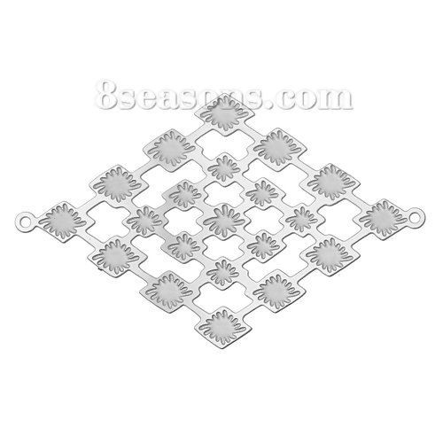 Picture of 304 Stainless Steel Filigree Stamping Connectors Findings Rhombus Silver Tone Flower Pattern Hollow 40mm(1 5/8") x 26mm(1"), 20 PCs