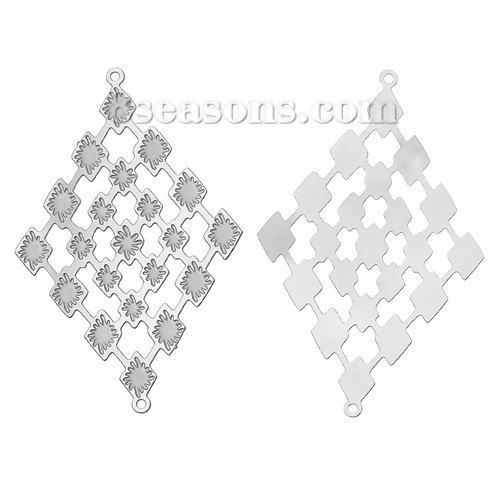 Picture of 304 Stainless Steel Filigree Stamping Connectors Findings Rhombus Silver Tone Flower Pattern Hollow 40mm(1 5/8") x 26mm(1"), 20 PCs