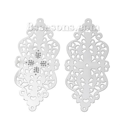 Picture of 304 Stainless Steel Filigree Stamping Connectors Findings Bowknot Silver Tone Pattern Carved Hollow 51mm(2") x 24mm(1"), 20 PCs