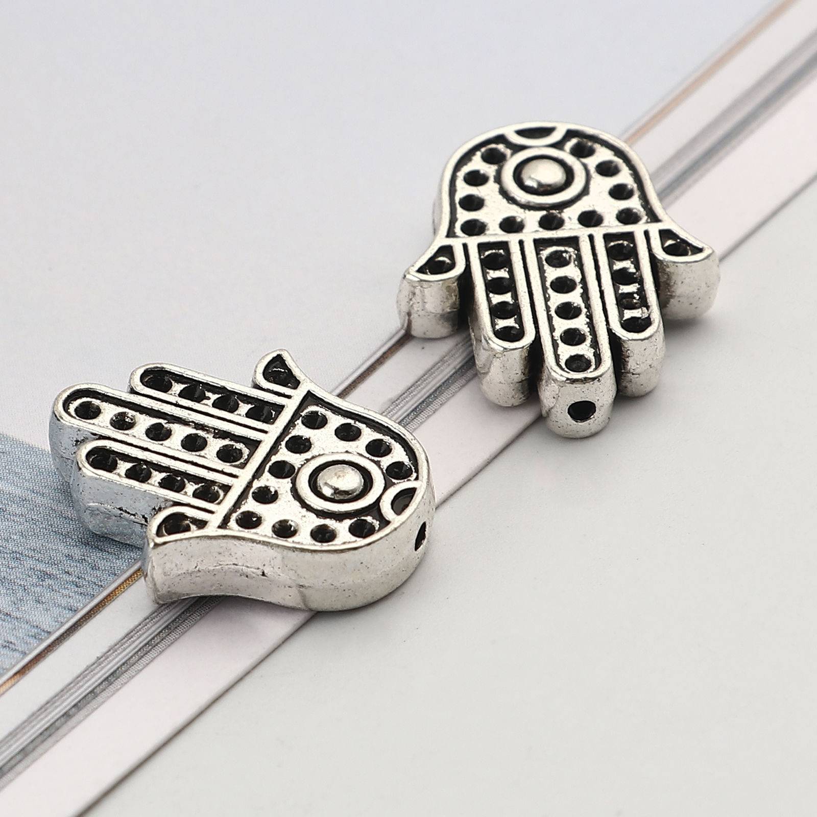 Picture of Zinc Based Alloy Religious Spacer Beads Hamsa Symbol Hand Antique Silver Color (Can Hold ss4 Pointed Back Rhinestone) About 20mm x 16mm, Hole: Approx 1.4mm, 20 PCs