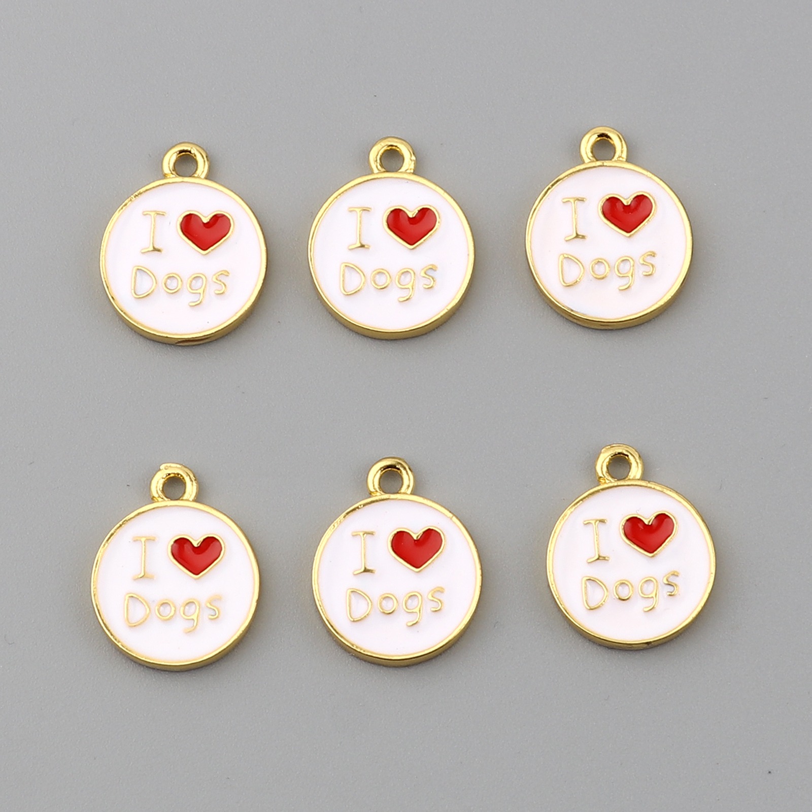 Picture of Zinc Based Alloy Pet Memorial Charms Round Disc Gold Plated White Heart Message " I Love Dogs " Enamel 18mm x 14mm, 5 PCs