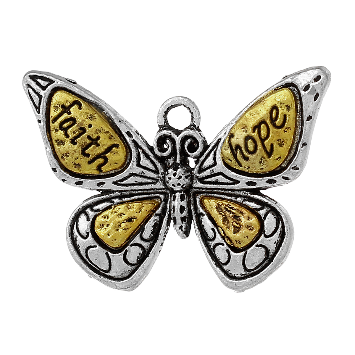Picture of Zinc Based Alloy Insect Pendants Gold Tone Antique Gold & Antique Silver Color Two Tone Butterfly Animal Message " faith hope " 31mm x 22mm, 10 PCs