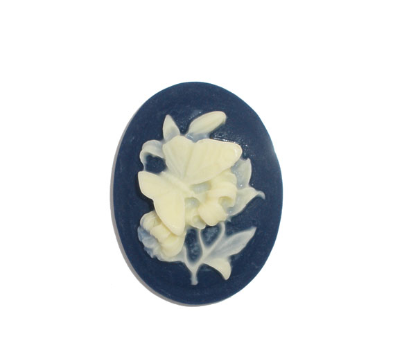 Picture of Resin Cabochon Cameo Oval Ivory & Deep Blue Flower Butterfly 31mm x 24mm(1 2/8" x1") - 29mm x22mm(1 1/8" x 7/8"), 10 PCs