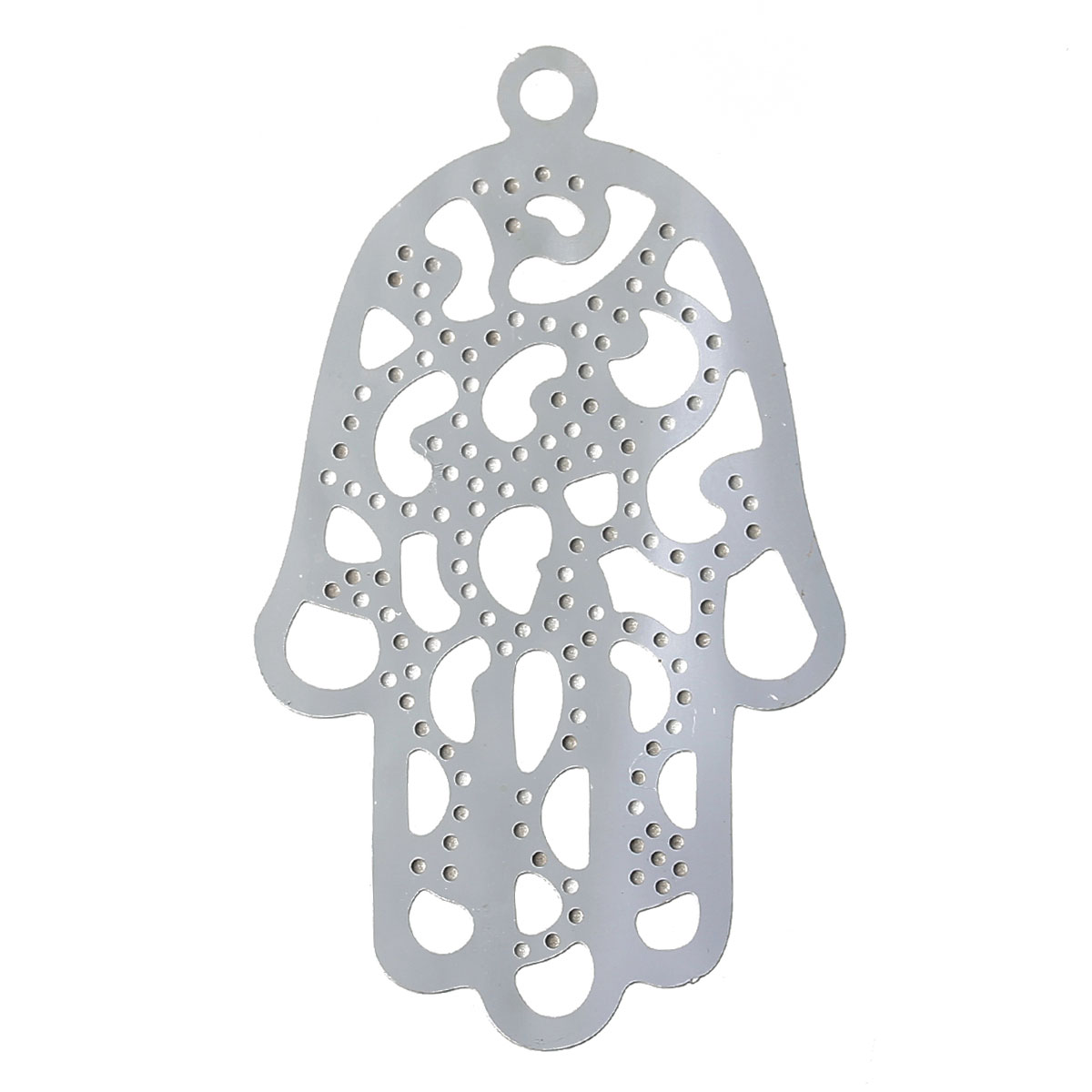 Picture of 304 Stainless Steel Filigree Stamping Pendants Hamsa Symbol Hand Silver Tone Hollow 48mm(1 7/8") x 28mm(1 1/8"), 10 PCs