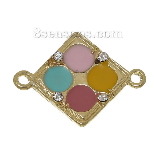 Picture of Zinc Metal Alloy Connectors Findings Rhombus Light Golden Multicolor Enamel Clear Rhinestone 26mm x 20mm, 10 PCs