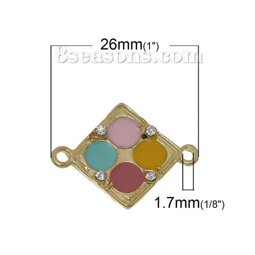 Picture of Zinc Metal Alloy Connectors Findings Rhombus Light Golden Multicolor Enamel Clear Rhinestone 26mm x 20mm, 10 PCs
