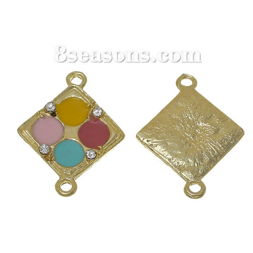 Picture of Zinc Metal Alloy Connectors Findings Rhombus Light Golden Multicolor Enamel Clear Rhinestone 26mm x 20mm, 10 PCs