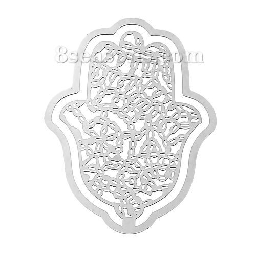 Picture of 304 Stainless Steel Filigree Stamping Embellishments Findings, Hamsa Symbol Hand Silver Tone, Hollow Carved 55mm(2 1/8") x 40mm(1 5/8"), 1 Piece