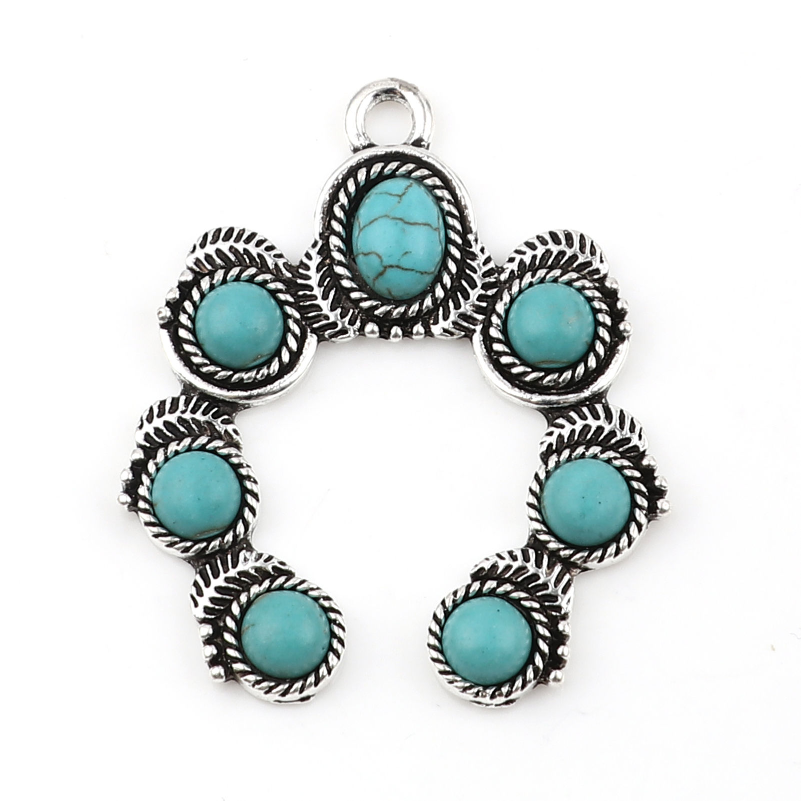Picture of Zinc Based Alloy & Acrylic Boho Chic Bohemia Pendants Irregular Antique Silver Color Green Blue Imitation Turquoise 43mm x 36mm, 2 PCs