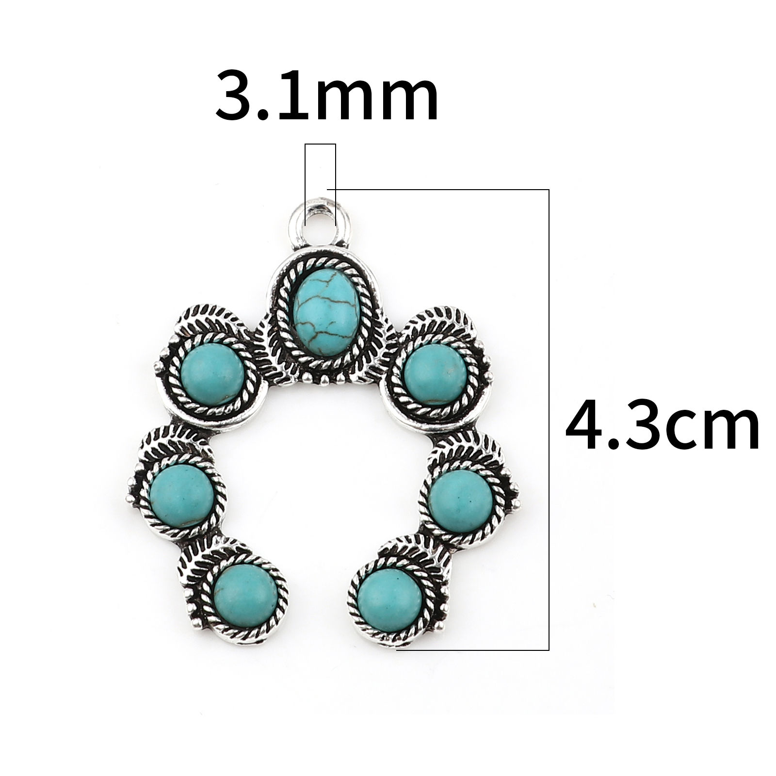 Picture of Zinc Based Alloy & Acrylic Boho Chic Bohemia Pendants Irregular Antique Silver Color Green Blue Imitation Turquoise 43mm x 36mm, 2 PCs