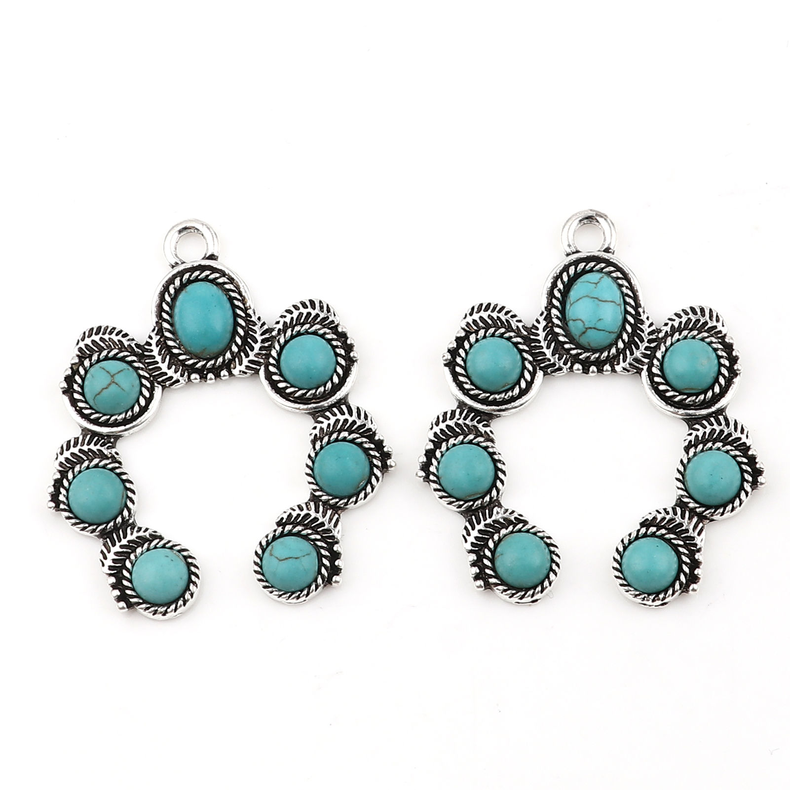 Picture of Zinc Based Alloy & Acrylic Boho Chic Bohemia Pendants Irregular Antique Silver Color Green Blue Imitation Turquoise 43mm x 36mm, 2 PCs