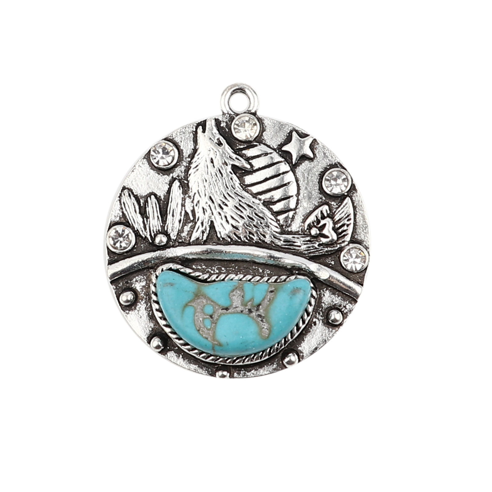 Picture of Zinc Based Alloy & Acrylic Boho Chic Bohemia Pendants Round Disc Antique Silver Color Blue Wolf Imitation Turquoise Clear Rhinestone 35mm x 30mm, 2 PCs