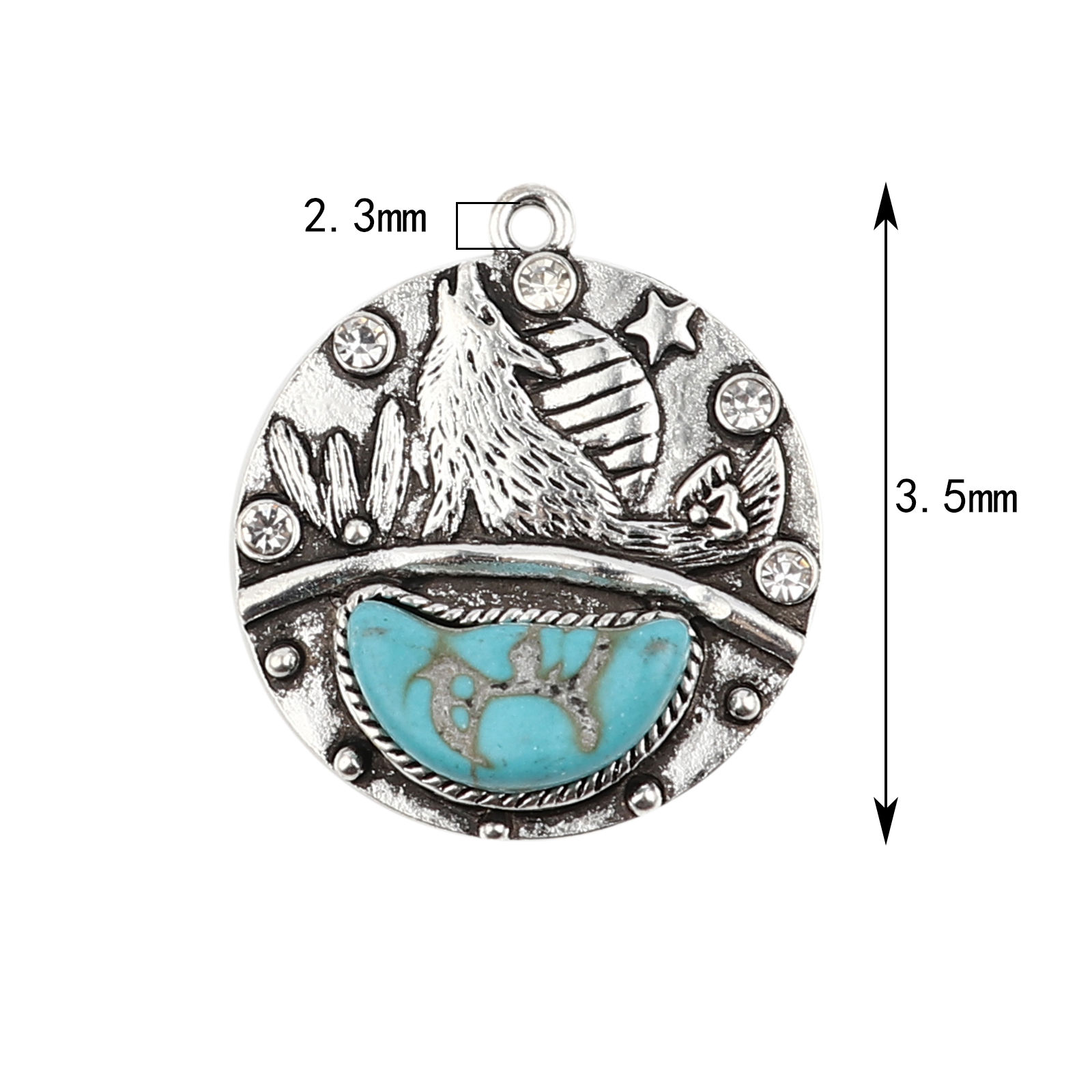 Picture of Zinc Based Alloy & Acrylic Boho Chic Bohemia Pendants Round Disc Antique Silver Color Blue Wolf Imitation Turquoise Clear Rhinestone 35mm x 30mm, 2 PCs