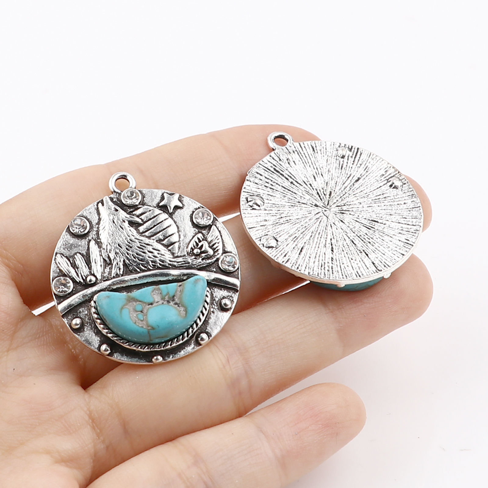 Picture of Zinc Based Alloy & Acrylic Boho Chic Bohemia Pendants Round Disc Antique Silver Color Blue Wolf Imitation Turquoise Clear Rhinestone 35mm x 30mm, 2 PCs