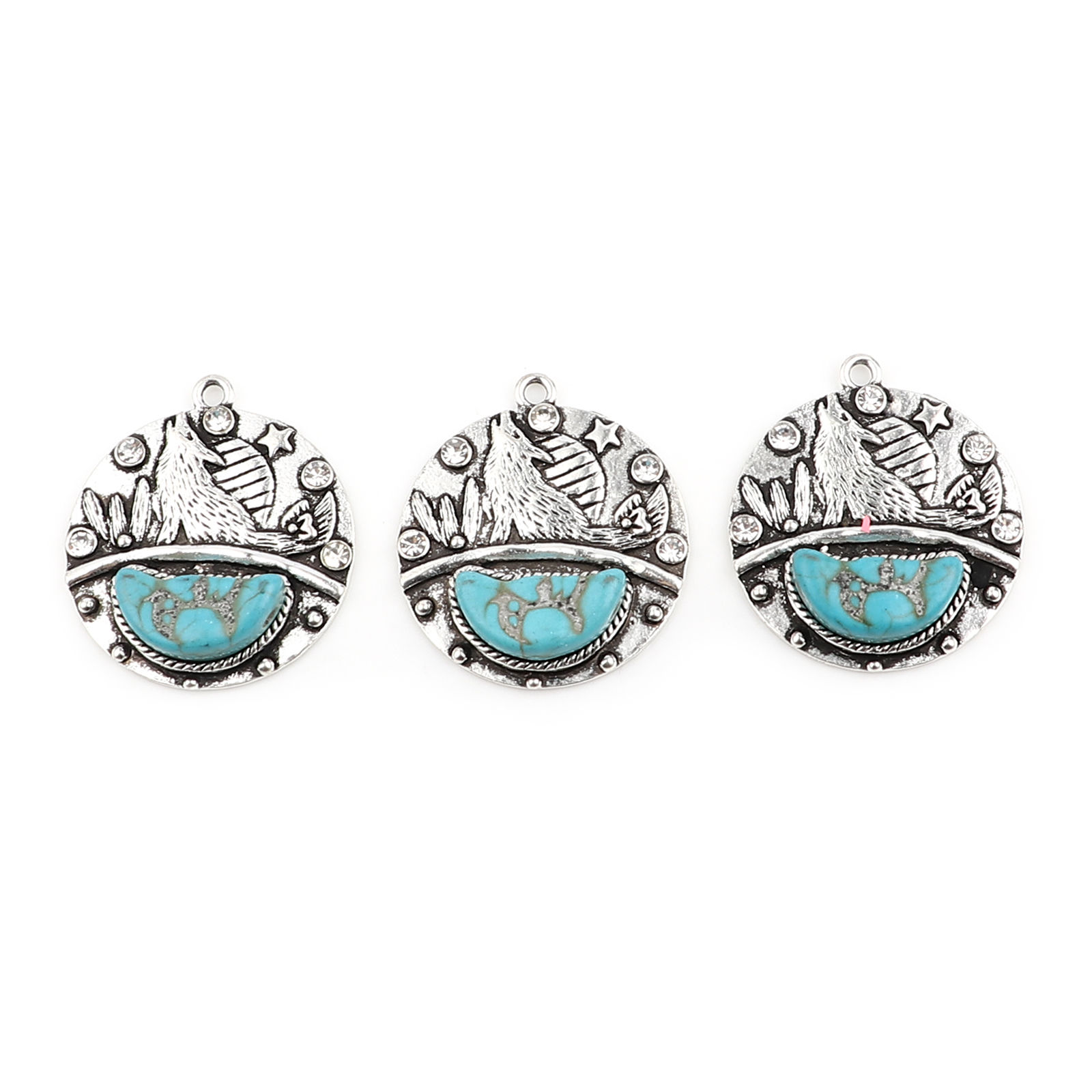 Picture of Zinc Based Alloy & Acrylic Boho Chic Bohemia Pendants Round Disc Antique Silver Color Blue Wolf Imitation Turquoise Clear Rhinestone 35mm x 30mm, 2 PCs