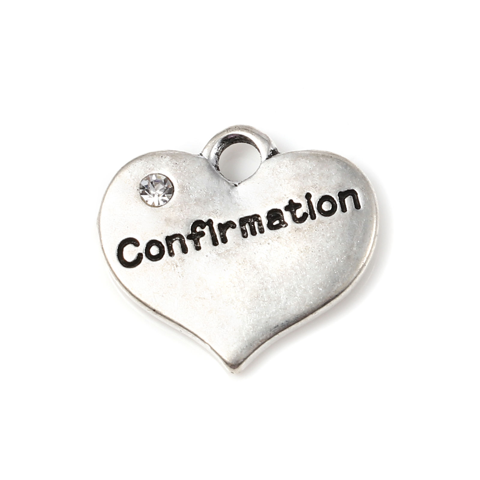 Picture of Zinc Based Alloy Charms Heart Antique Silver Color Message " Confirmation " Clear Rhinestone 16mm x 15mm, 10 PCs