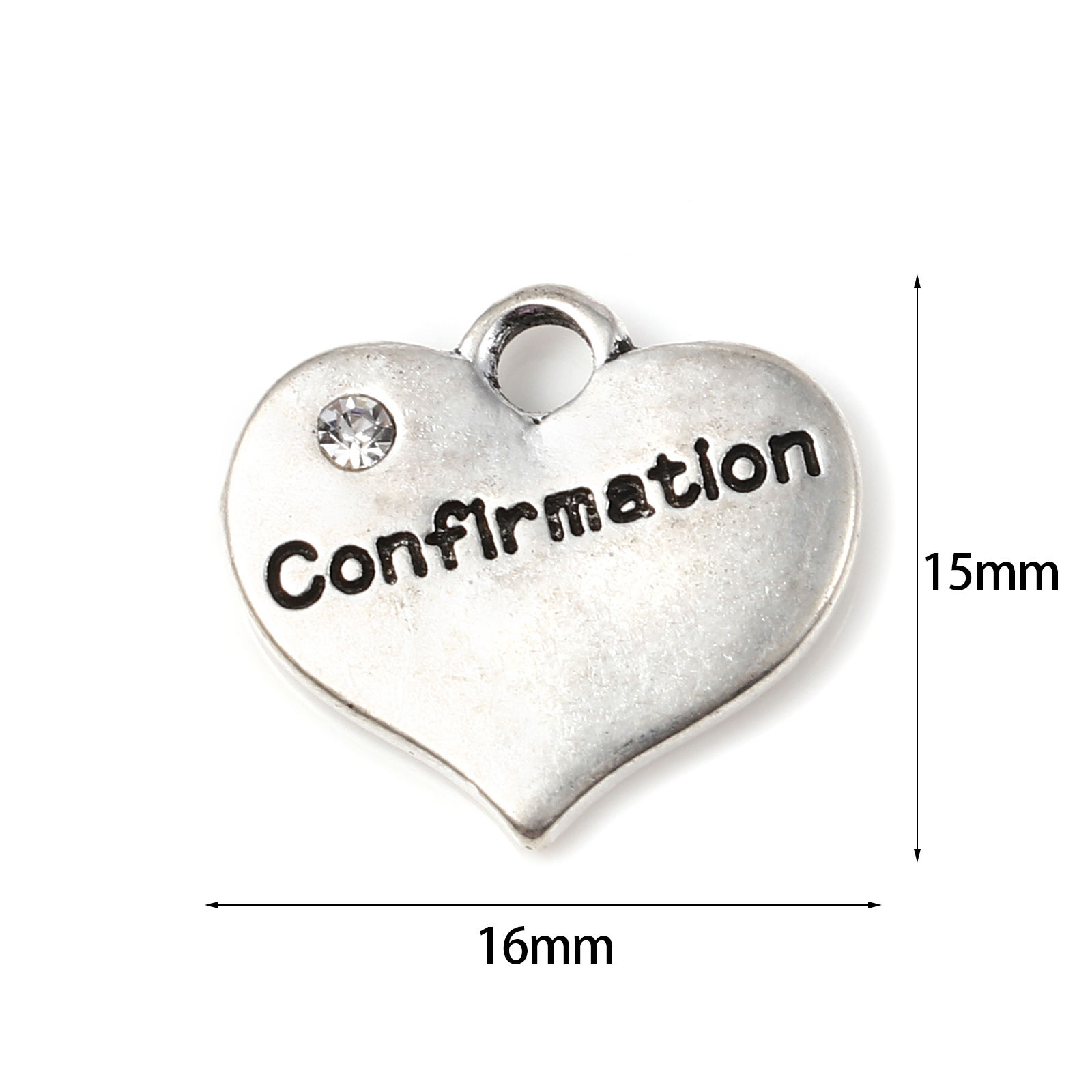 Picture of Zinc Based Alloy Charms Heart Antique Silver Color Message " Confirmation " Clear Rhinestone 16mm x 15mm, 10 PCs
