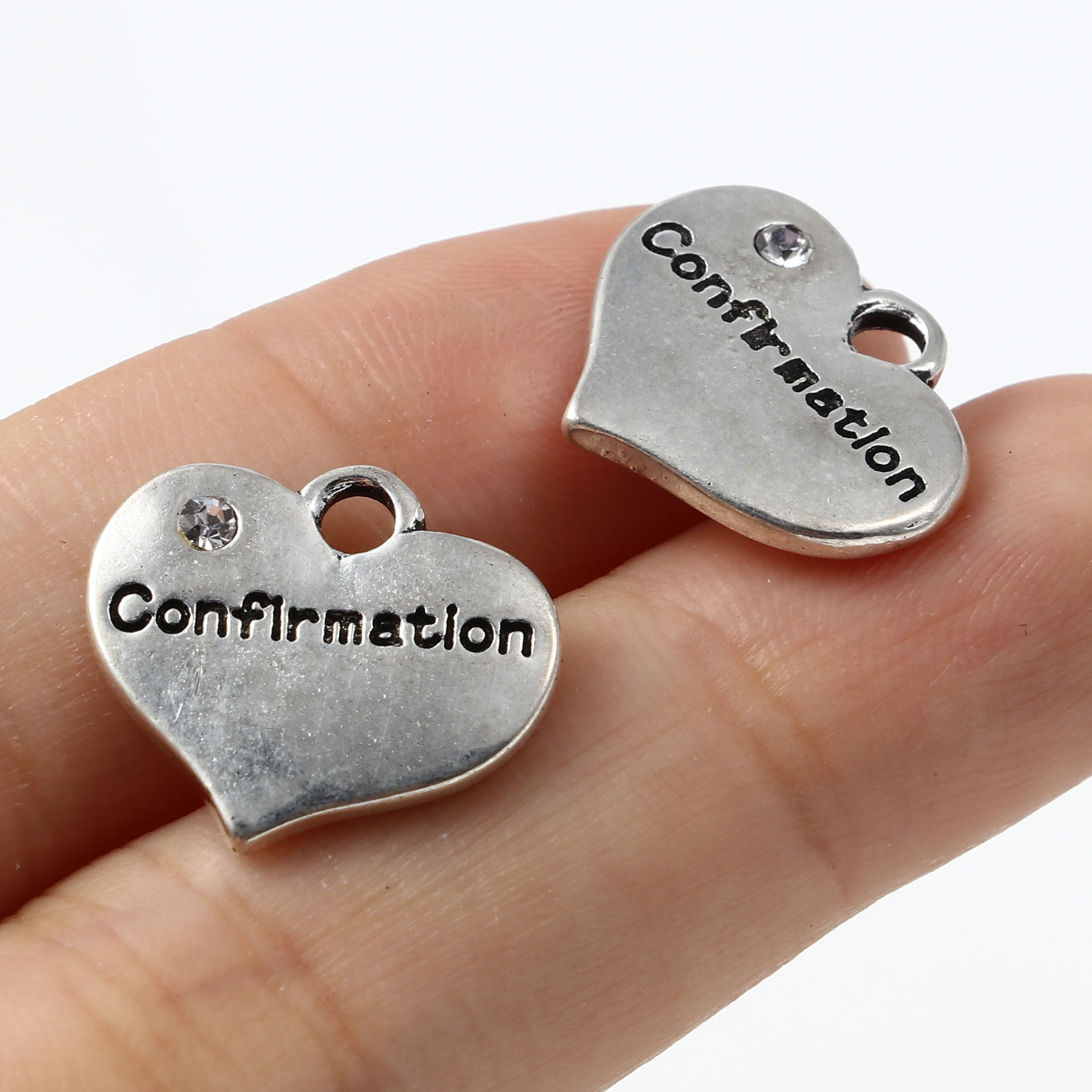 Picture of Zinc Based Alloy Charms Heart Antique Silver Color Message " Confirmation " Clear Rhinestone 16mm x 15mm, 10 PCs