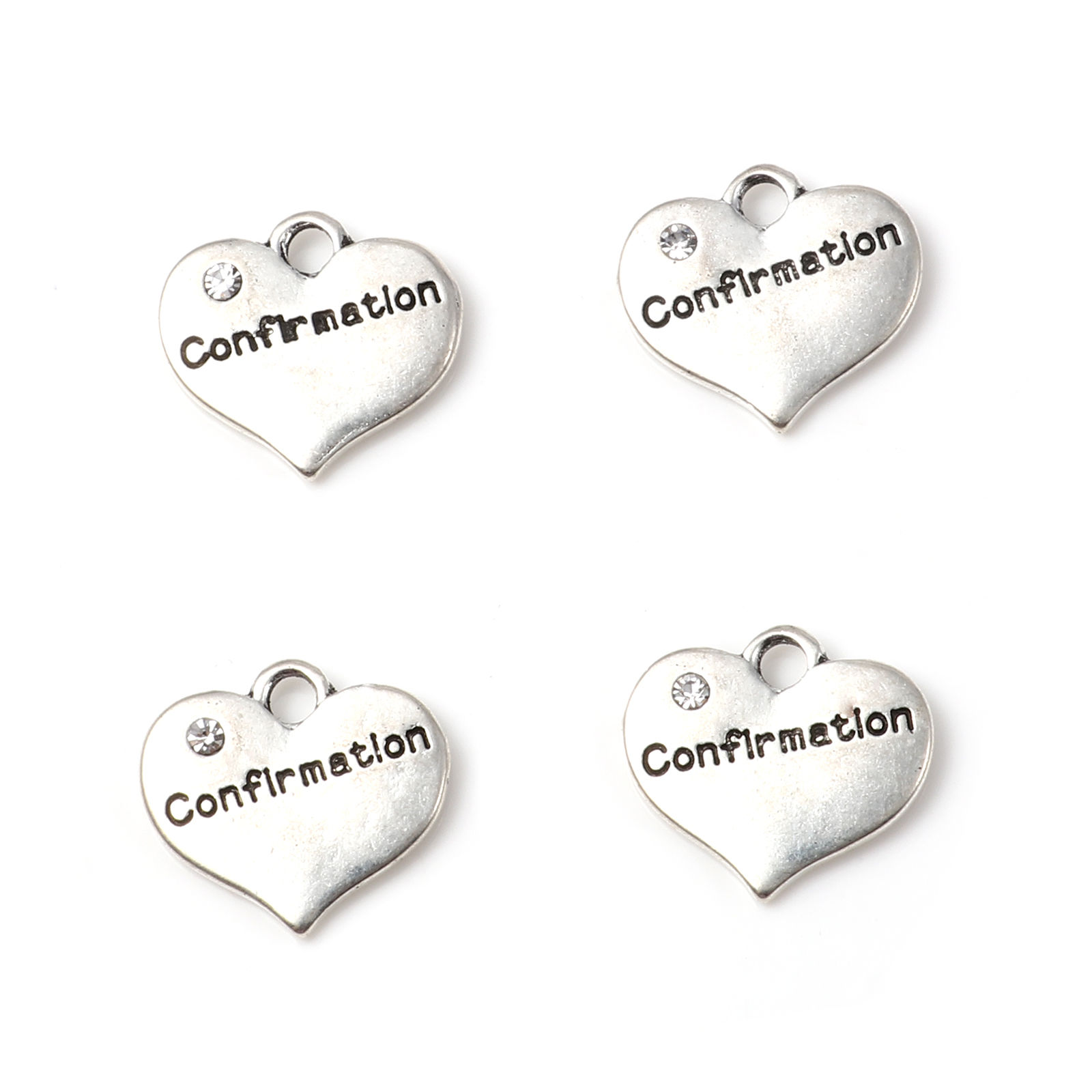 Picture of Zinc Based Alloy Charms Heart Antique Silver Color Message " Confirmation " Clear Rhinestone 16mm x 15mm, 10 PCs
