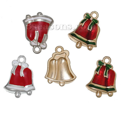 Picture of Zinc Metal Alloy Charms Christmas Jingle Bell Bowknot Carved At Random Mixed Enamel 24mm(1") x 17mm( 5/8"), 5 PCs