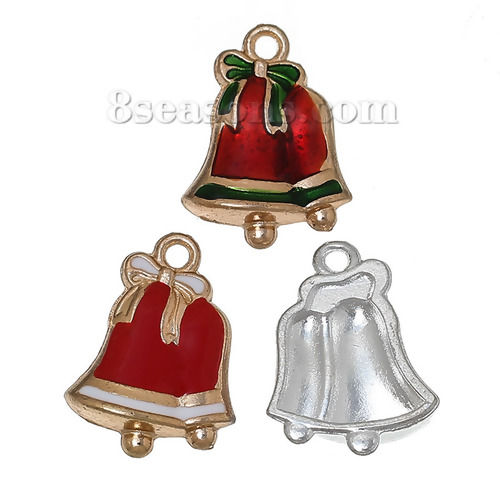 Picture of Zinc Metal Alloy Charms Christmas Jingle Bell Bowknot Carved At Random Mixed Enamel 24mm(1") x 17mm( 5/8"), 5 PCs