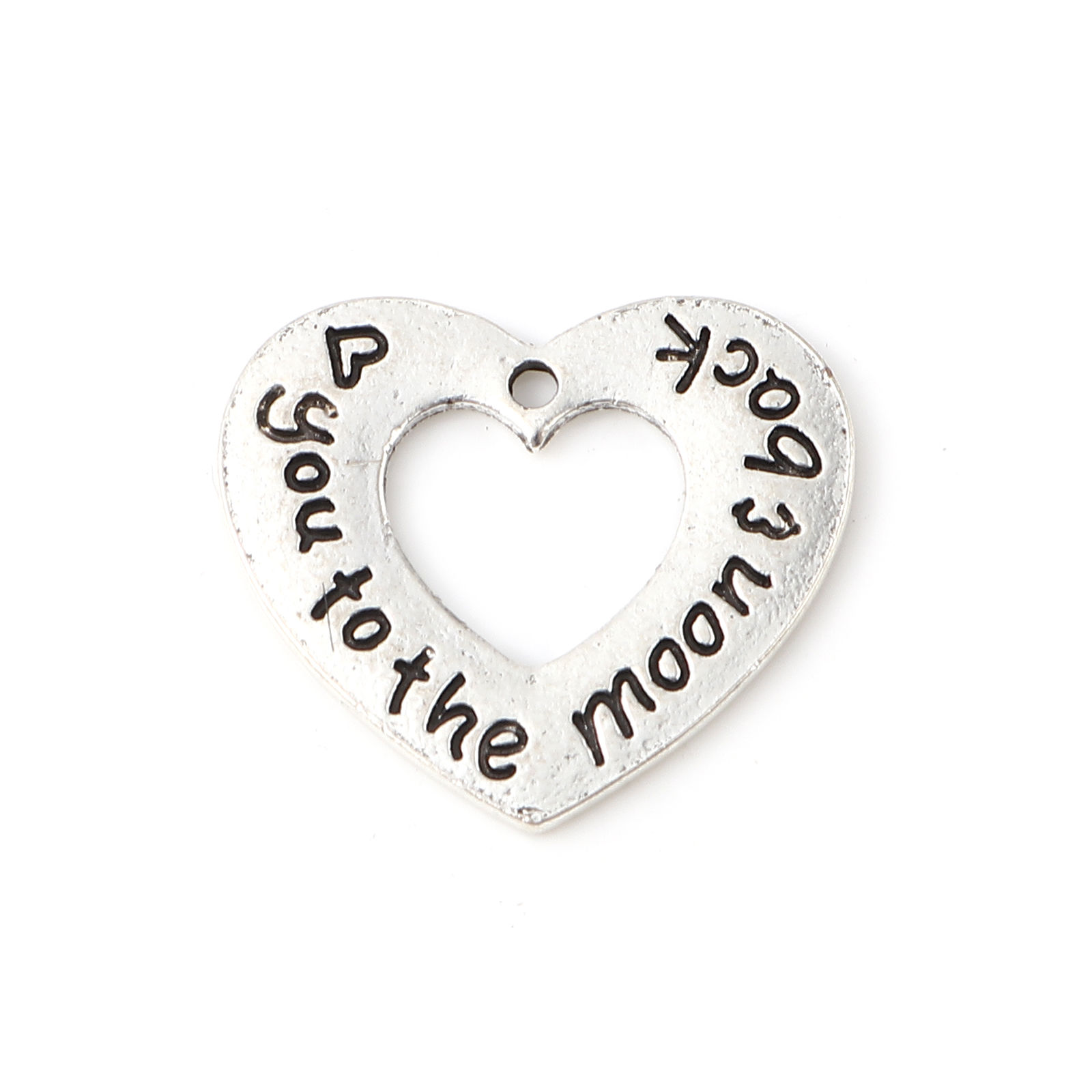 Picture of Zinc Based Alloy Charms Heart Antique Silver Color Message " Love You To The Moon And Back " 23mm x 20mm, 10 PCs