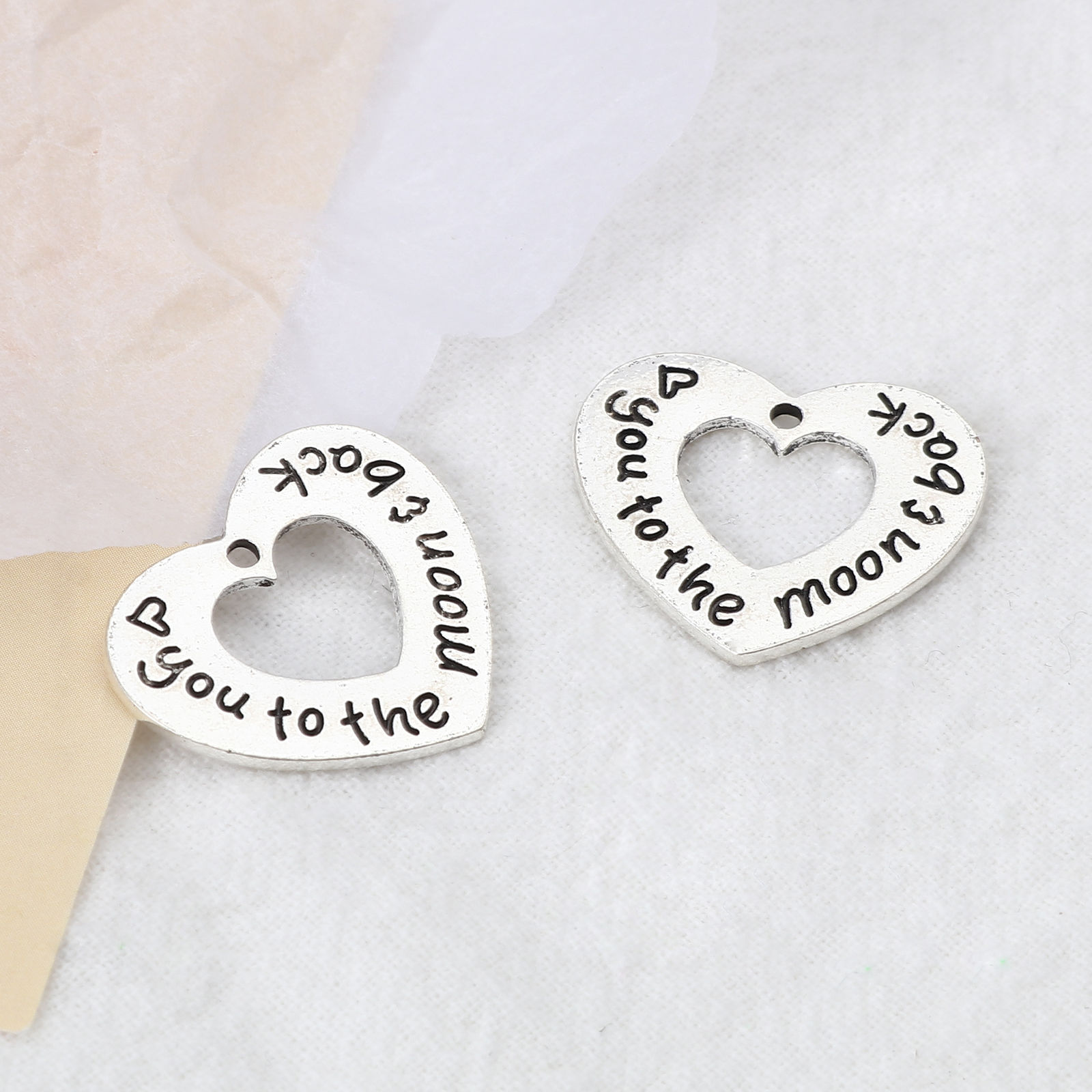 Picture of Zinc Based Alloy Charms Heart Antique Silver Color Message " Love You To The Moon And Back " 23mm x 20mm, 10 PCs