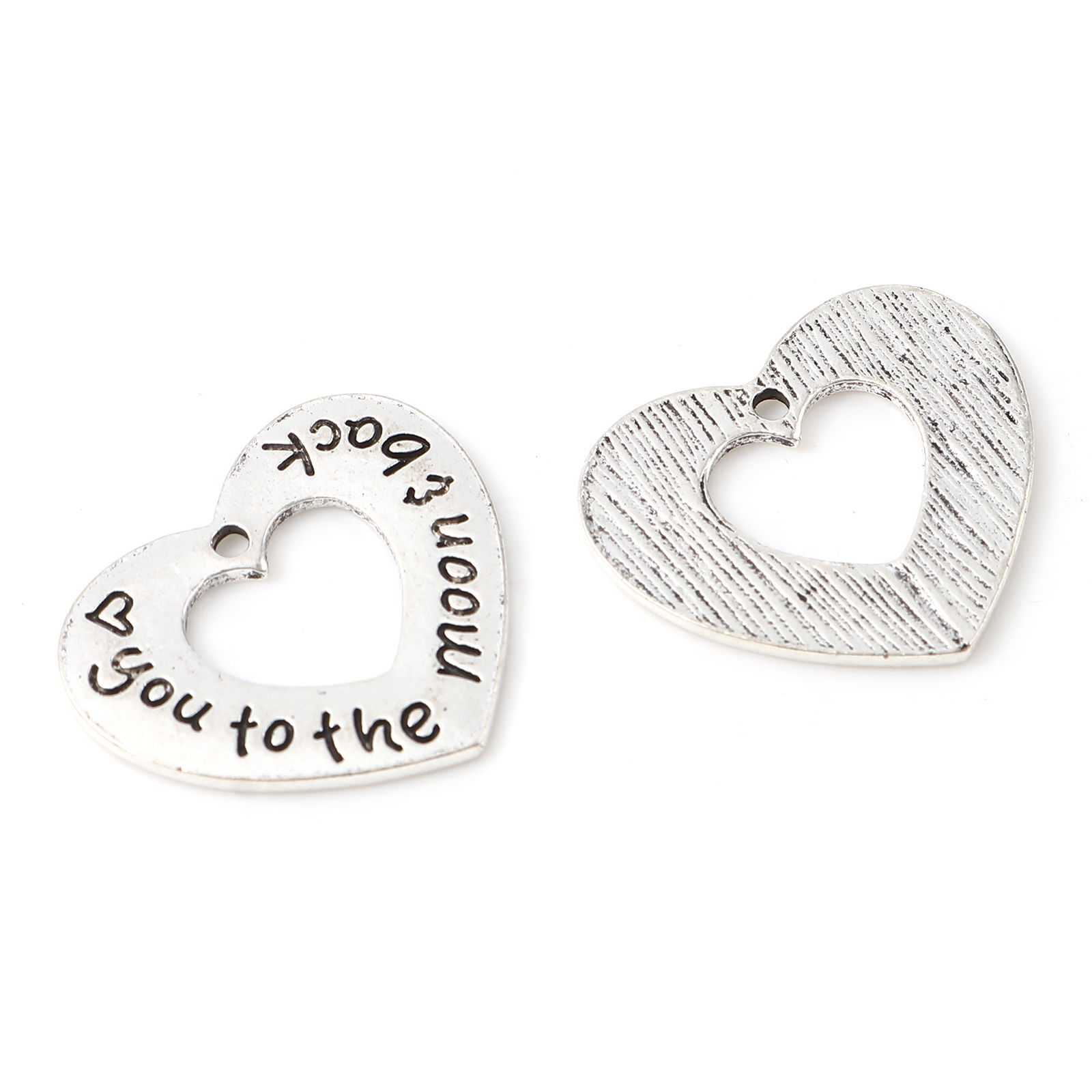 Picture of Zinc Based Alloy Charms Heart Antique Silver Color Message " Love You To The Moon And Back " 23mm x 20mm, 10 PCs