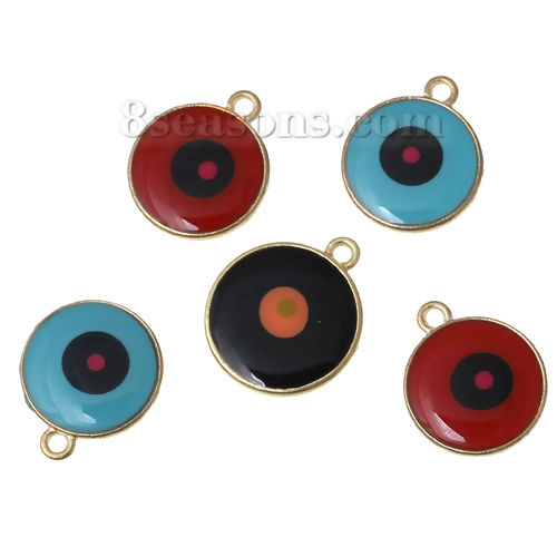 Picture of Zinc Based Alloy Charms Round Disc Matt Gold At Random Mixed Enamel Evil Eye Pattern 22mm( 7/8") x 19mm( 6/8"), 5 PCs