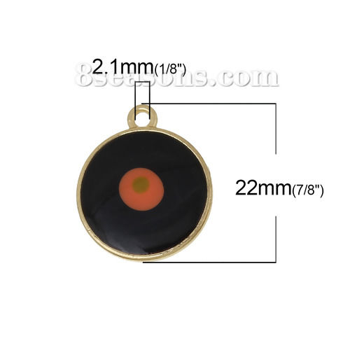 Picture of Zinc Based Alloy Charms Round Disc Matt Gold At Random Mixed Enamel Evil Eye Pattern 22mm( 7/8") x 19mm( 6/8"), 5 PCs
