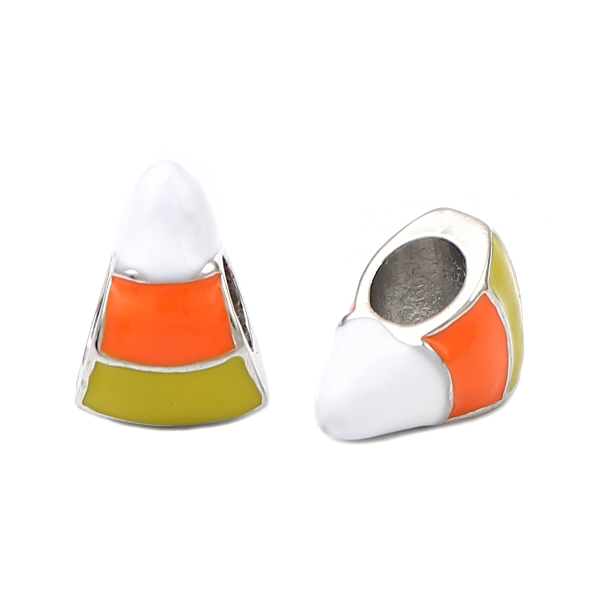 Picture of Zinc Metal Alloy European Style Large Hole Charm Beads Christmas Corn Candy Silver Plated Multicolor Enamel About 14mm x 10mm, Hole: Approx 4.6mm, 5 PCs