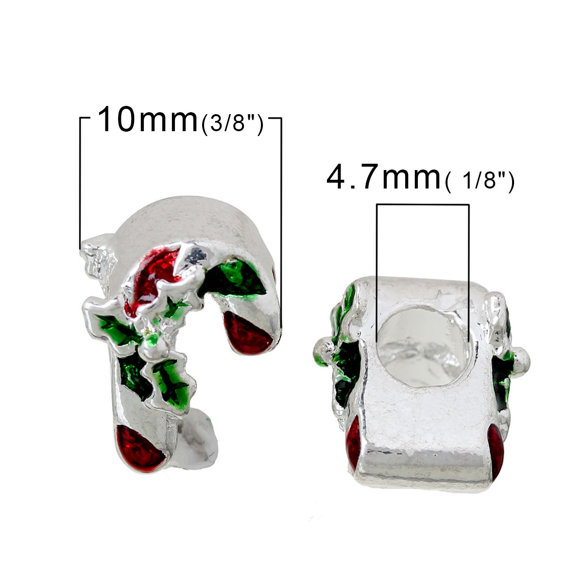 Picture of Zinc Metal Alloy European Style Large Hole Charm Beads Christmas Candy Cane Silver Plated Holly Leaf Pattern Red & Green Enamel About 13mm x 10mm, Hole: Approx 4.7mm, 5 PCs