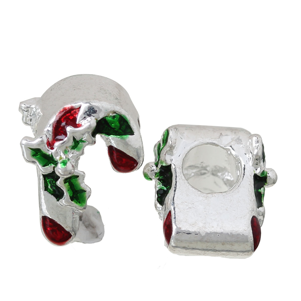Picture of Zinc Metal Alloy European Style Large Hole Charm Beads Christmas Candy Cane Silver Plated Holly Leaf Pattern Red & Green Enamel About 13mm x 10mm, Hole: Approx 4.7mm, 5 PCs