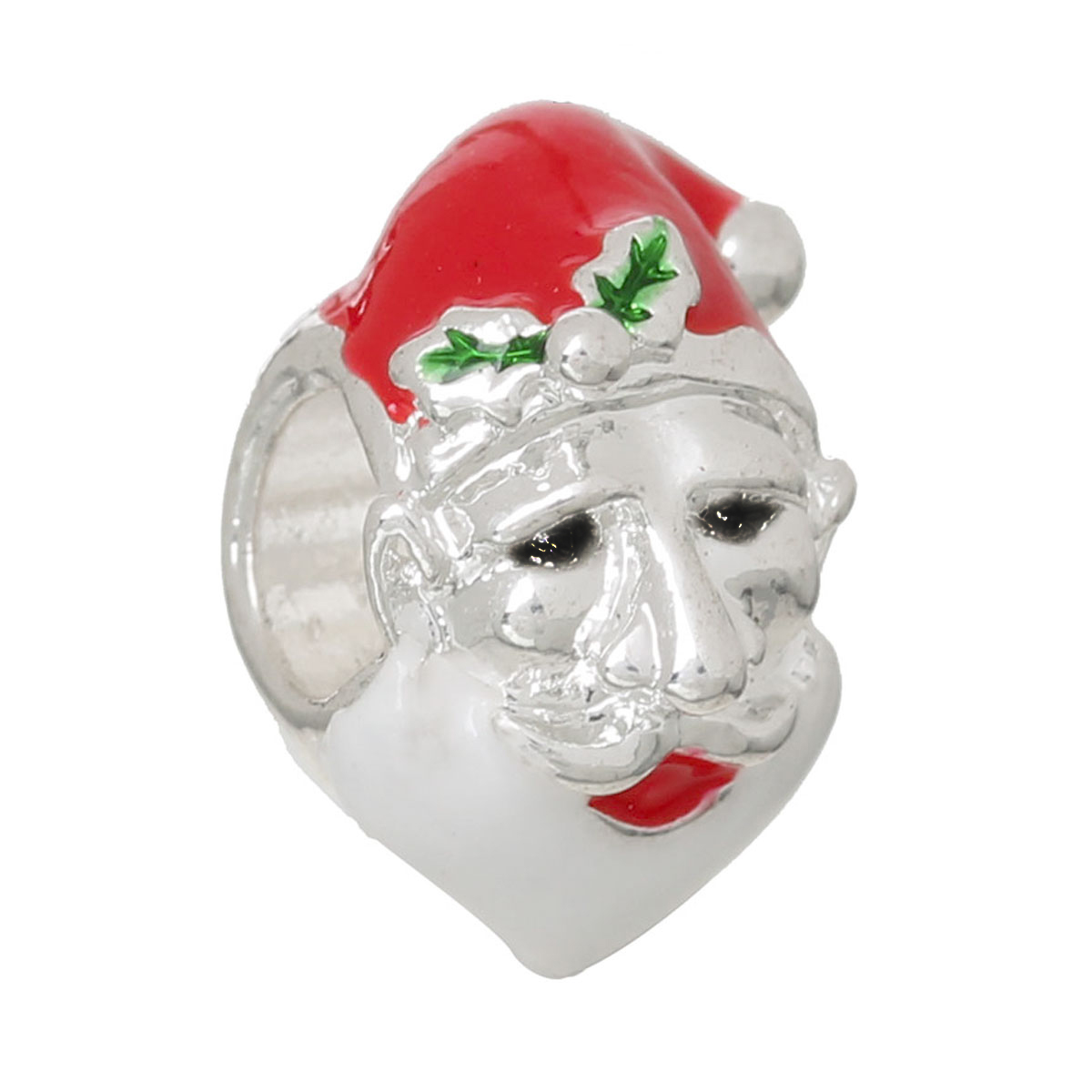 Picture of Zinc Metal Alloy European Style Large Hole Charm Beads Christmas Santa Claus Silver Plated Holly Leaf Pattern Red & Green Enamel About 14mm x 9mm, Hole: Approx 4.8mm, 5 PCs