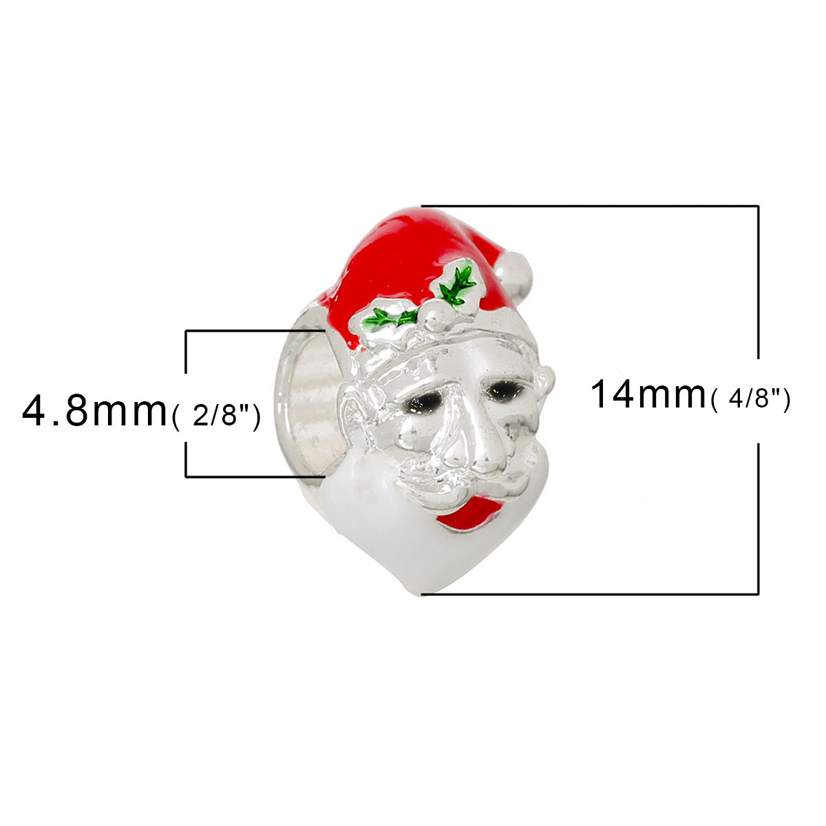 Picture of Zinc Metal Alloy European Style Large Hole Charm Beads Christmas Santa Claus Silver Plated Holly Leaf Pattern Red & Green Enamel About 14mm x 9mm, Hole: Approx 4.8mm, 5 PCs
