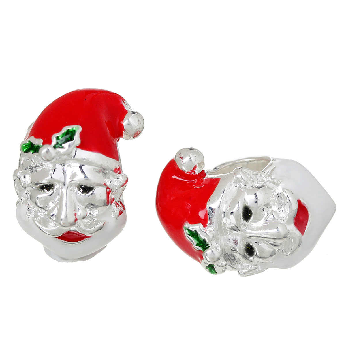 Picture of Zinc Metal Alloy European Style Large Hole Charm Beads Christmas Santa Claus Silver Plated Holly Leaf Pattern Red & Green Enamel About 14mm x 9mm, Hole: Approx 4.8mm, 5 PCs