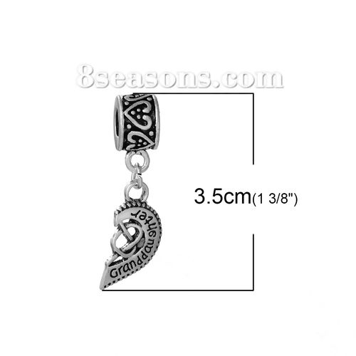 Picture of Zinc Metal Alloy European Style Large Hole Charm Dangle Beads Half Broken Heart Antique Silver Color Message " Granddaughter " Carved Hollow 35mm x 11mm, 2 PCs
