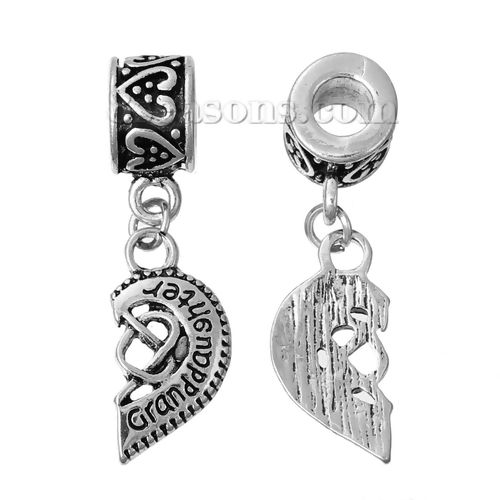 Picture of Zinc Metal Alloy European Style Large Hole Charm Dangle Beads Half Broken Heart Antique Silver Color Message " Granddaughter " Carved Hollow 35mm x 11mm, 2 PCs