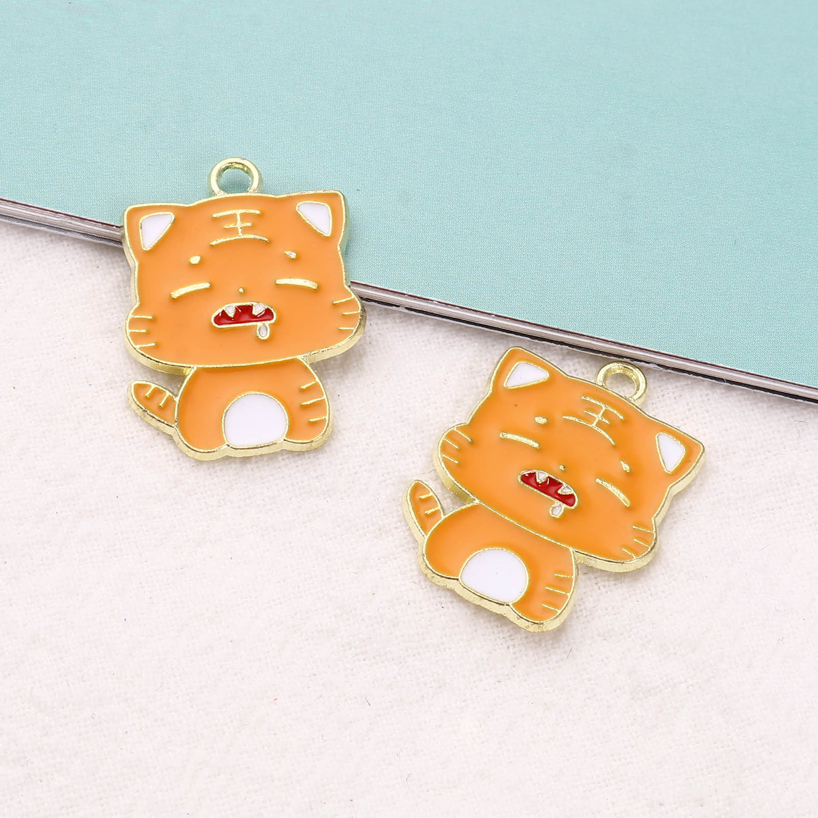 Picture of Zinc Based Alloy Charms Tiger Animal Gold Plated Orange Enamel 24mm x 18mm, 10 PCs