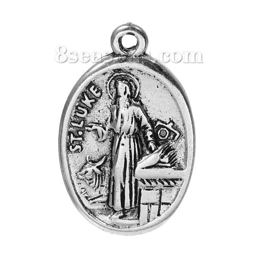 Picture of Zinc Based Alloy Charms Oval Antique Silver Color Religious Figure Message " ST.LUKE & PRAY FOR US " Carved 25mm(1") x 16mm( 5/8"), 10 PCs