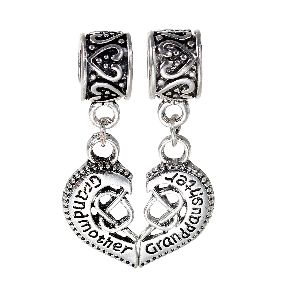 Picture of Zinc Based Alloy European Style Large Hole Charm Dangle Beads Broken Heart Antique Silver Color Message " Grandmother & Granddaughter " Carved Hollow 35mm x 11mm, 1 Set