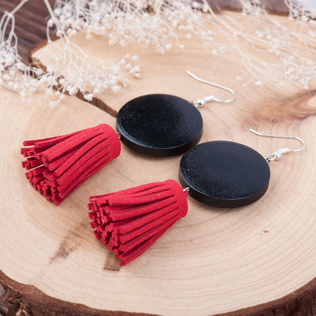Picture of Velvet Faux Suede Red Tassel Earrings Hook Round Silver Plated Black 67mm(2 5/8") x 27mm(1 1/8"), Post/ Wire Size: (21 gauge), 1 Pair